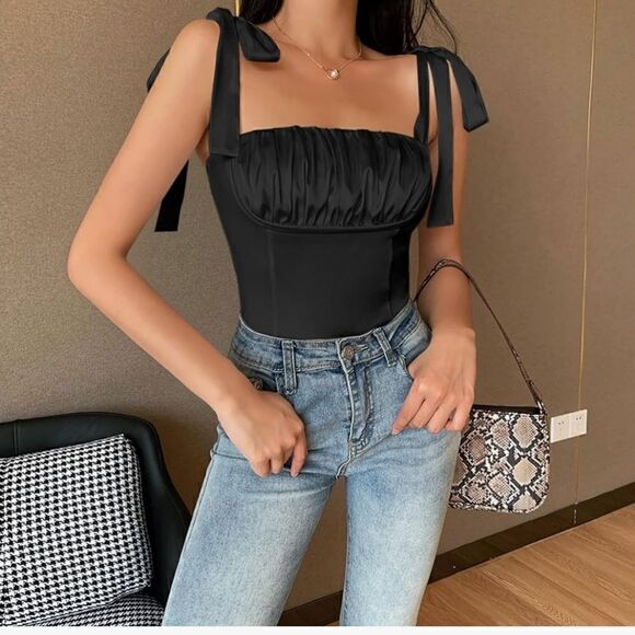 Umenlele Women's Satin Ruched Sleeveless Tie Shoulder Square Neck Bodysu…Large - Picture 4 of 14